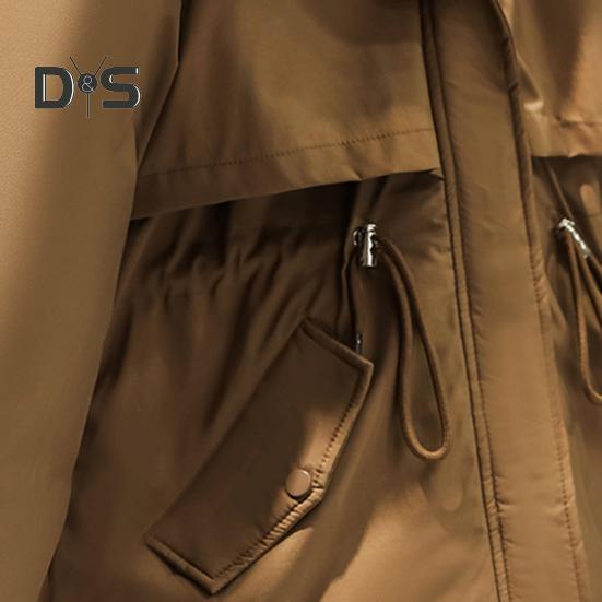Casaco de inverno feminino com capuz peludo, mangas compridas, acolchoado, cordão, bolsos na cintura, casaco de algodão, fecho de zíper, comprimento médio, cor sólida, à prova de vento, casaco quente