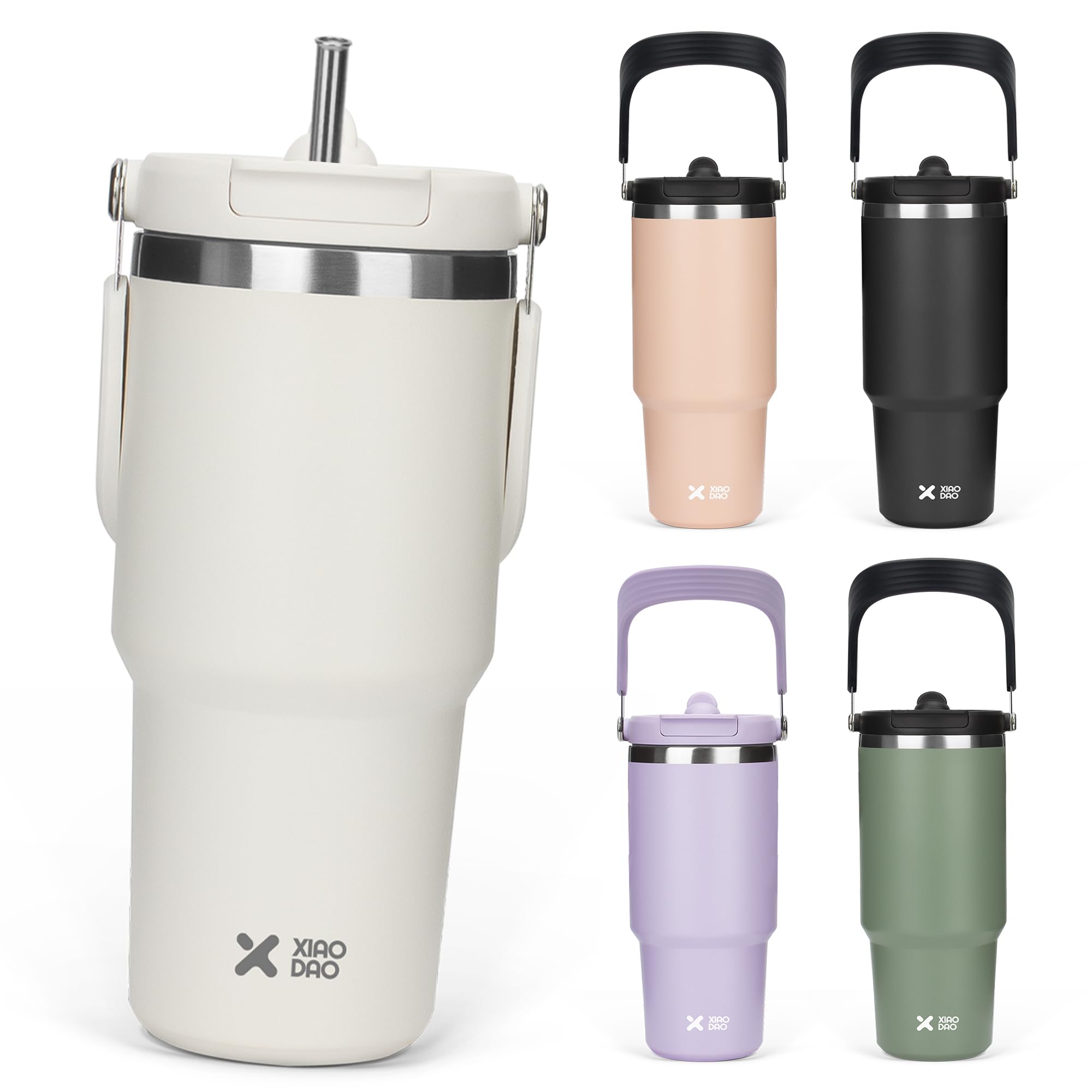 

SKIASE Tumbler with Straw, 600ml Water Bottle, Vacuum Insulated, Keeps Hot or Cold, Wide Mouth, Direct Drinking, with Lid, Handle, Spill-Proof,