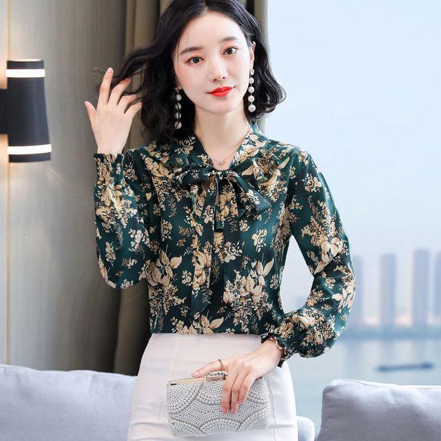 Floral Print Long Sleeved Chiffon Shirt for Women Spring Summer Mother's Top Scarf Collar Bow Bottoming Blouse M-4XL