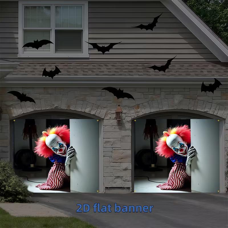 2D Creepy Killer Clown Banner, Spooky Halloween Garage Door Background