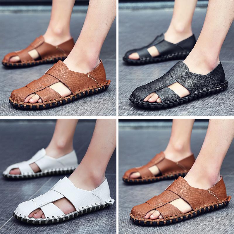 Fashion Summer Men's Sandals Low-cut Leather Flat-bottomed Beach Shoes, Large Size Handmade Stitching Hole Shoes H368