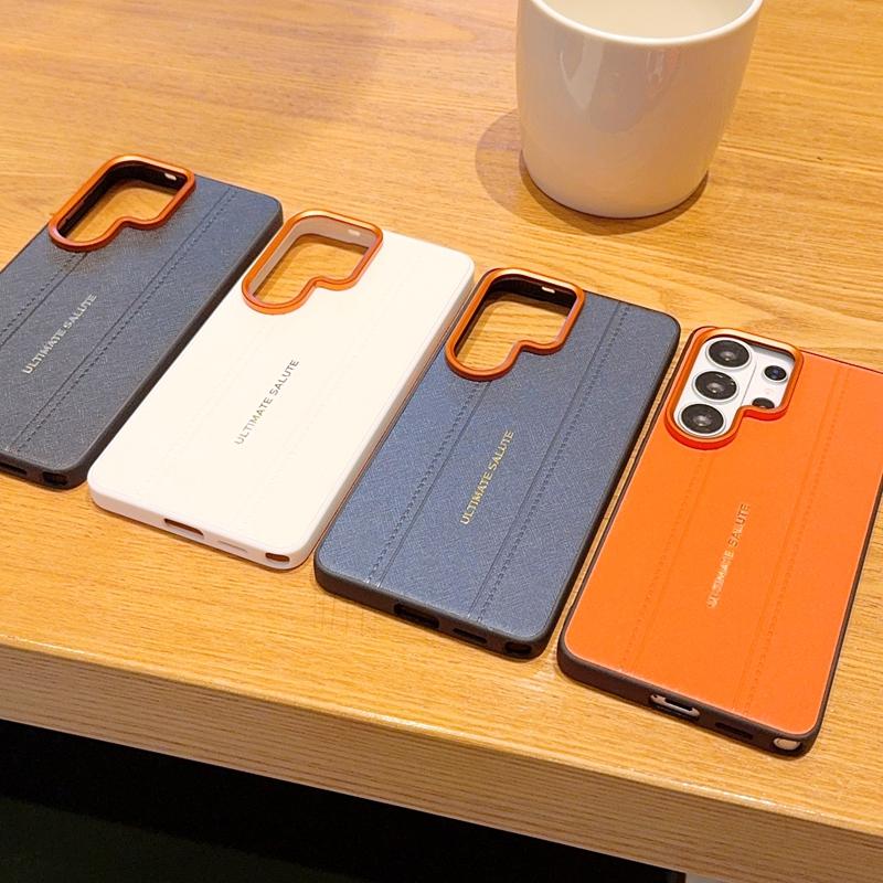 Luxury Cross Texture Leather Design Case For Samsung Galaxy S26 S25 Plus Edge Ultra Slim Orange Camera Ring Shockproof Cover