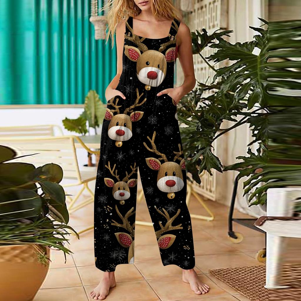 Women's Casual Jumpsuit Sleeveless Christmas Printed Cotton Jumpsuit