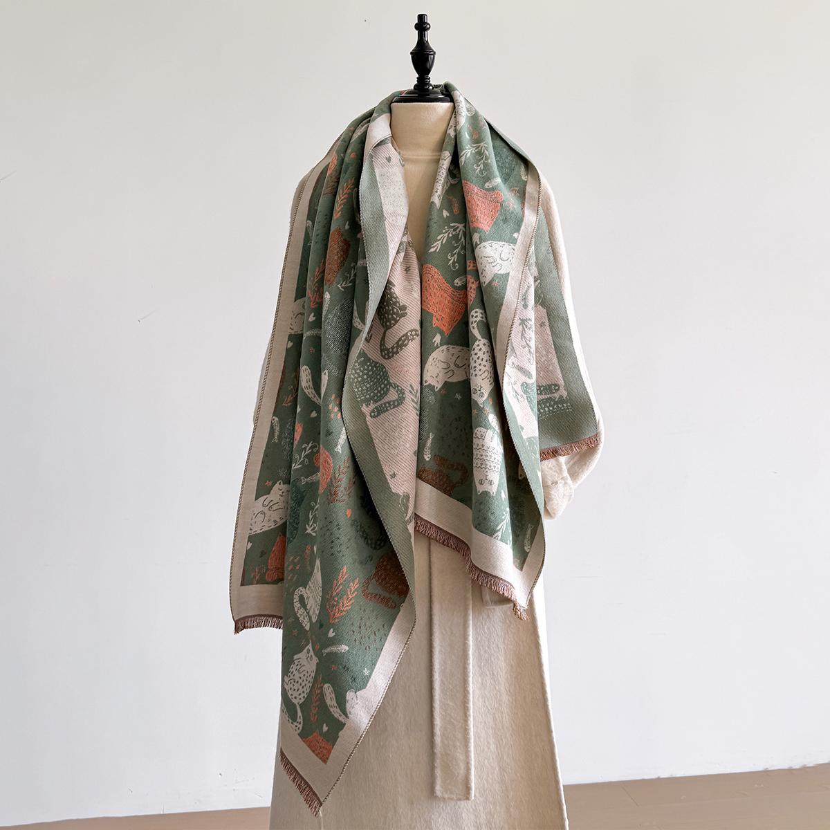 

2025 Luxury Cat Print Cashmere Scarf Women s Winter Double-Sided Thick Warm Female Shawl Scarf Pashmina Scarves Hijab Stoles