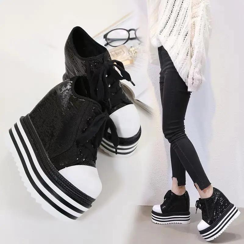Fashion Autumn Women High Platform Shoes Height Increasing Casual Shoes 14 CM Thick Sole Trainers Breathable Shoes Women Sneakers