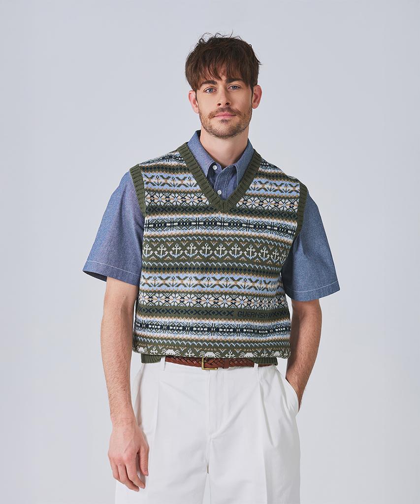 Geonjiulleunseu Grand Roque Fair Isle Cotton V-Neck Vest - Olive