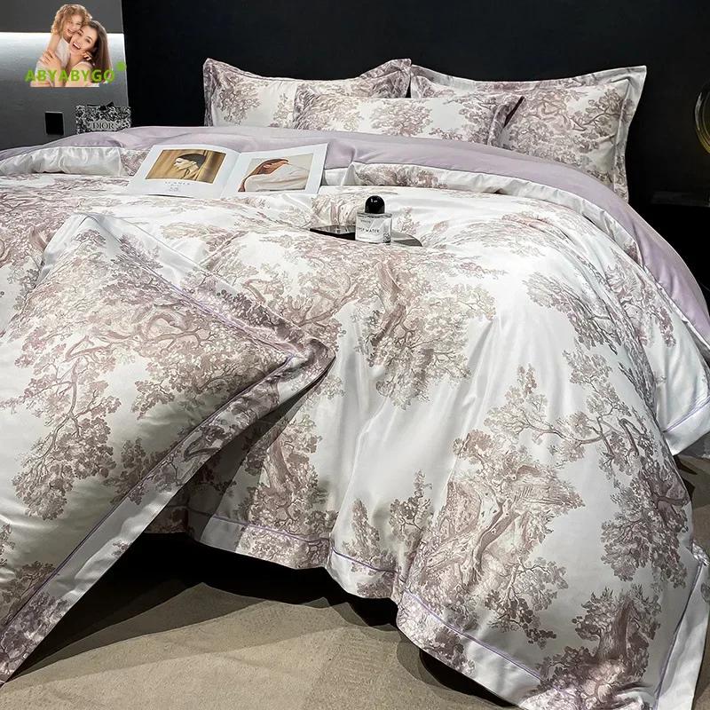 

Luxury Bedding Set Soft Silky Natural Eucalyptus Fiber Lyocell Bedding Set Forest Print Duvet Cover Set Bed Sheet Pillowcases 150x200cm Bed 4pcs фіолетовий
