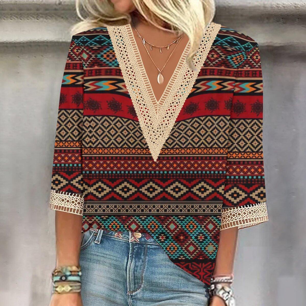 

Осень 2023, новая мода, женский повседневный топ с v-образным вырезом и рукавом 3/4 с принтом, большие размеры