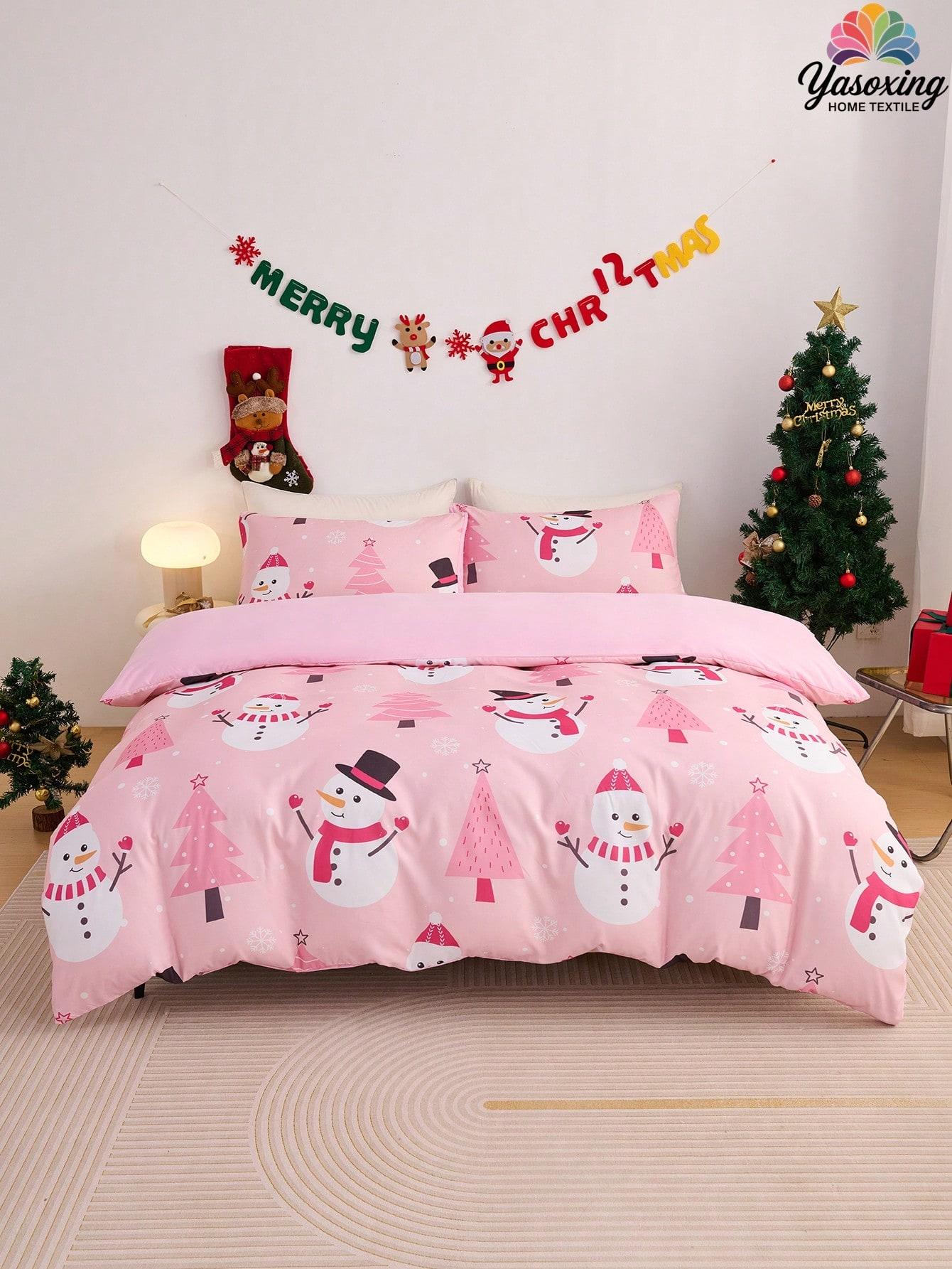 

2/3pcs Pink Christmas Snowflake Gift Gingerbread Man Pattern Reversible Color Duvet Cover Bedding Set, Soft Breatheable EU Twin(135x200cm)