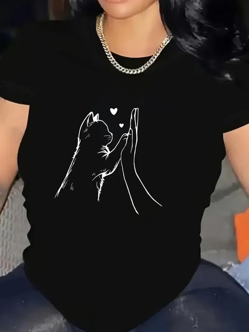 Comfortable and charming T-shirt with heart print and cat paw Unisex clothes for women summer top t-shirt S