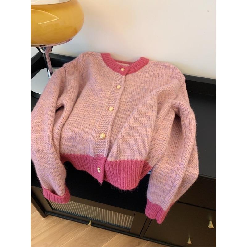 

Mohair knitted cardigan women s autumn and winter soft waxy lazy contrasting color crew neck raccoon fleece sweater cardigan one size fits all рожевий
