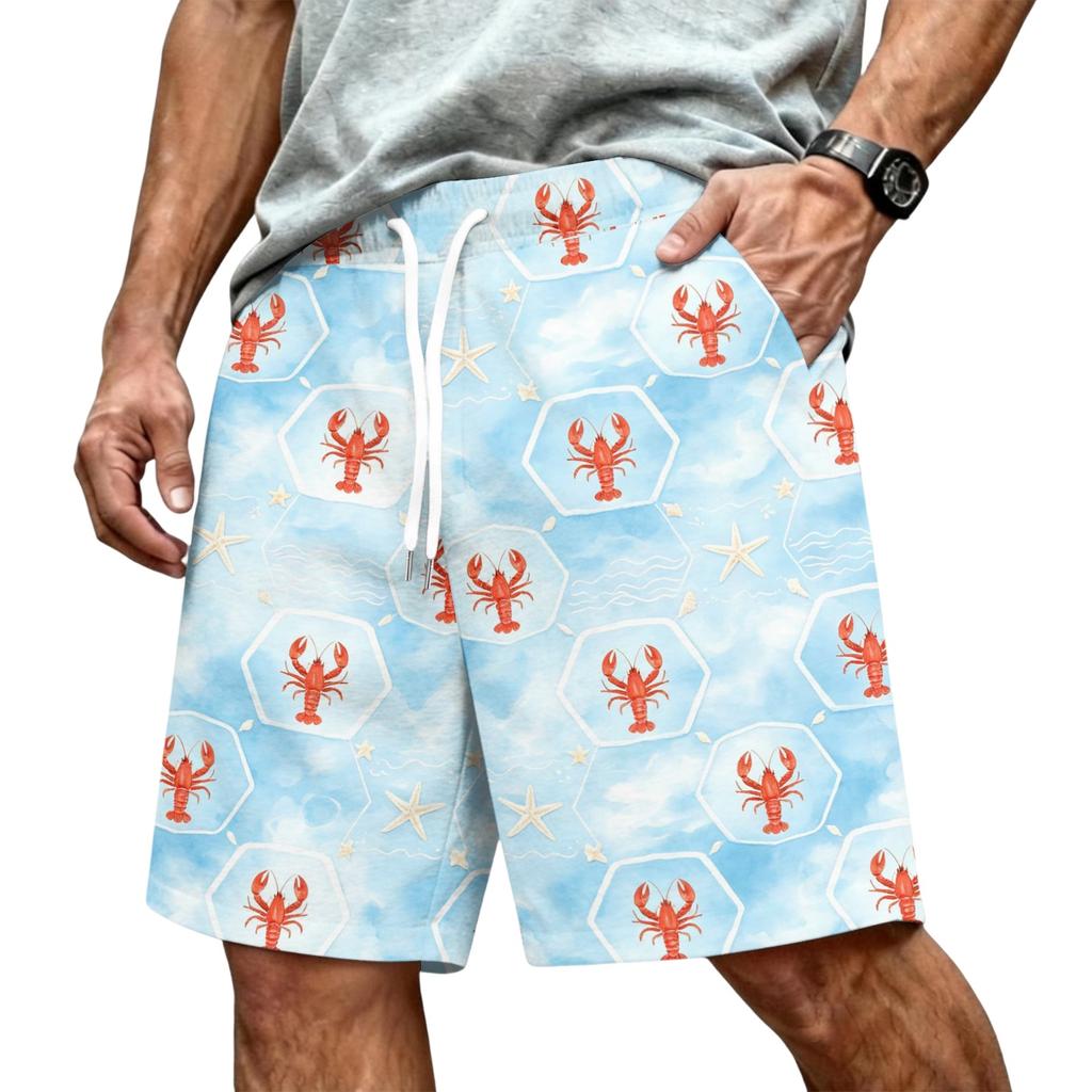 Men's Hawaiian Print Mesh Shorts with Drawstring Elastic Waist for Summer Beach and Casual Wear