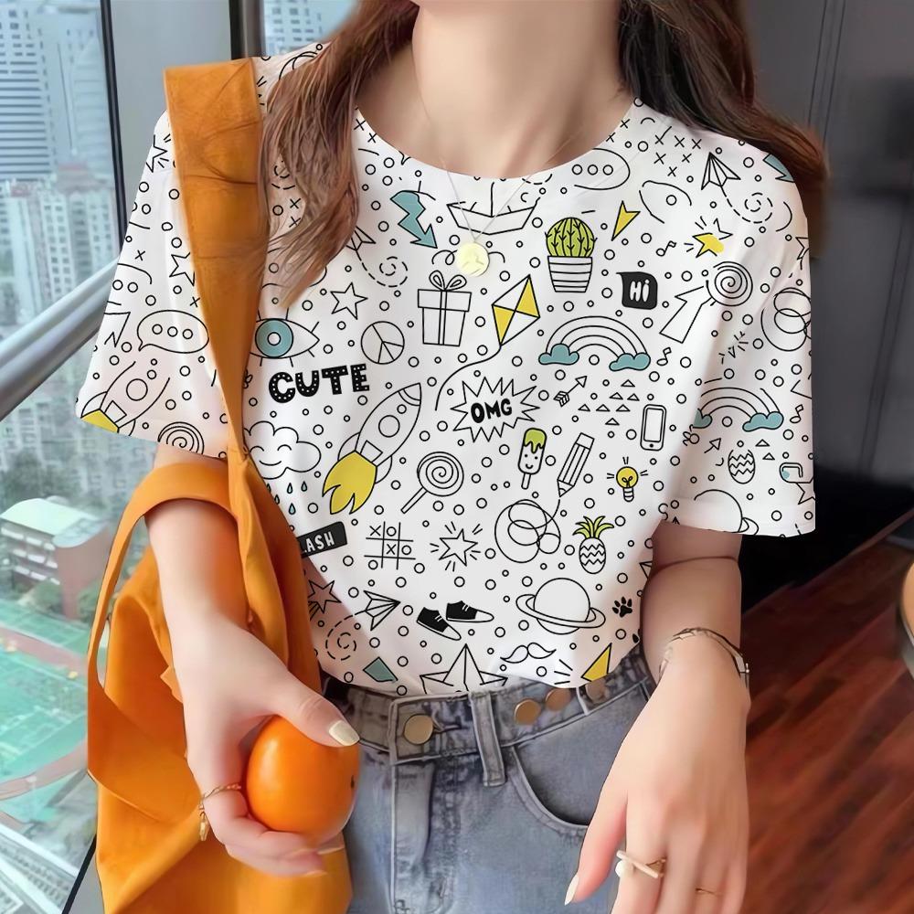 Summer Vintage Women's T-Shirt Short Sleeve Line Print Caual Crew-Neck Pullover Fashion Streetshirt Female Oversized Clothing