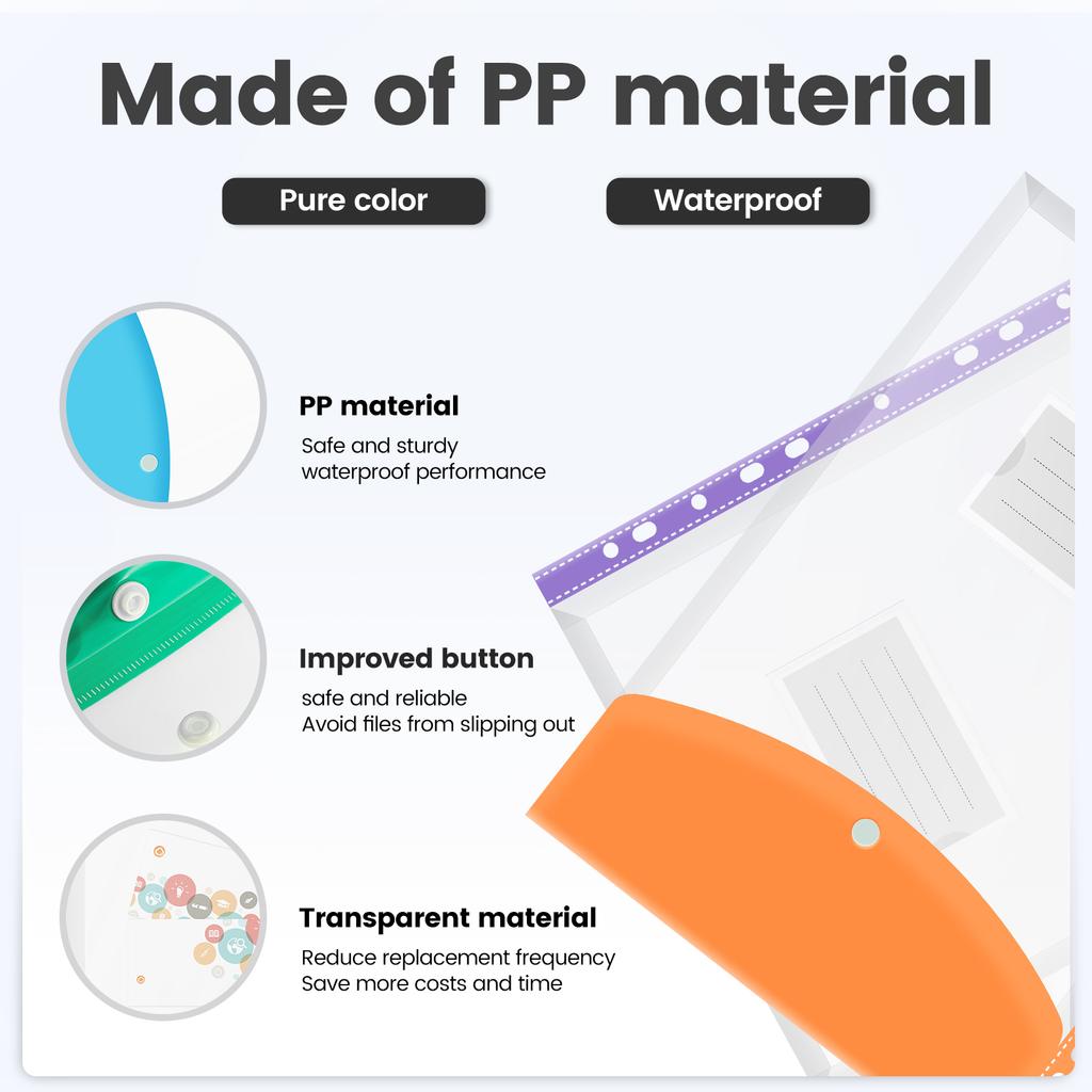 24Pcs Plastic Envelopes Binder Pocket with 11 Holes Waterproof Envelopes Binder Folder with Snap Button and Label Pocket