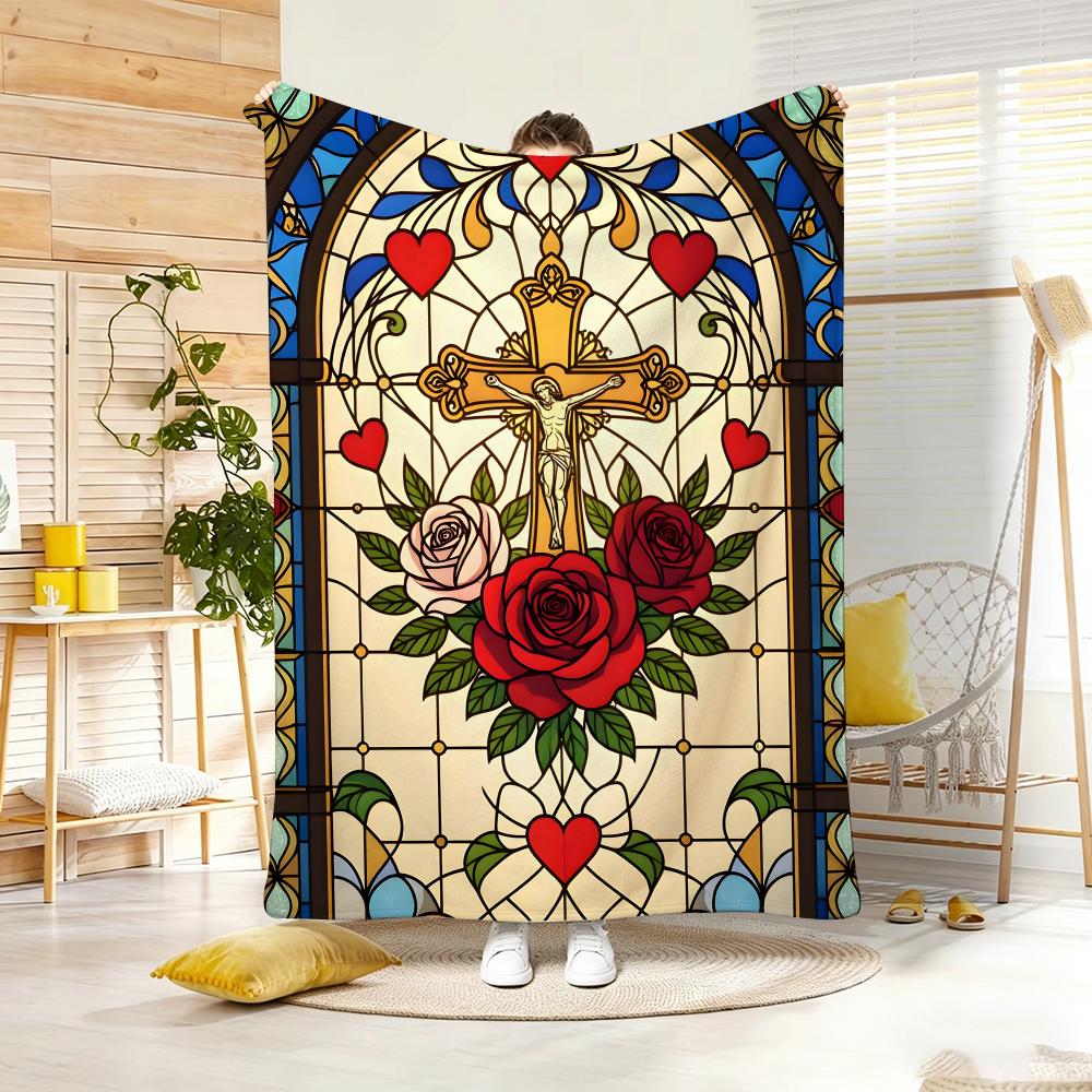 Artwork S-Stained Glass Cross Throw Lightweight 240g Flannel Blanket Soft Skin-friendly for Summer Cooling