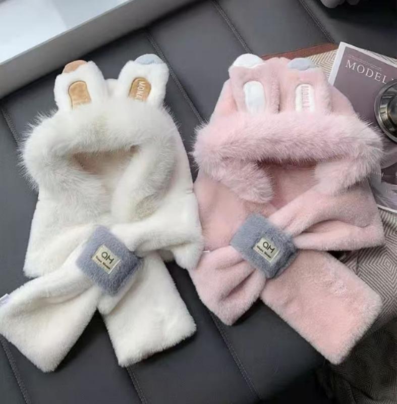 Thickened Hat Scarf with Cute Ears Plush Winter Hats for Women Beanies Pompom Knit Bonnet Fluffy Winter Cap Bomber Hats Women Outdoor Winter Warm Hat