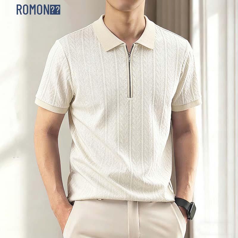 ROMON Men s Business Casual Knit Jacquard Polo Shirt L