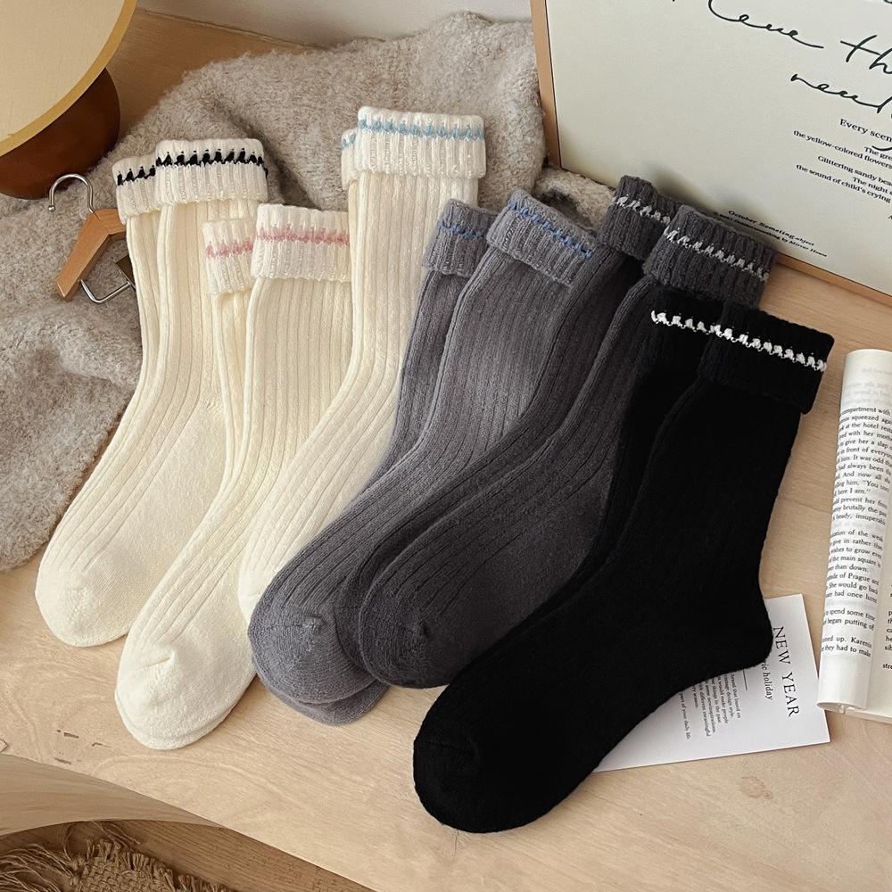 Autumn Winter Thicken Warm Women Socks Japanese Fashion Knitted Middle Tube Socks Women Solid Color Long Socks Christmas Gifts