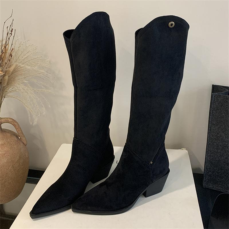 Eilyken Winter Designer Pointed Toe Women Knee High Boots Fashion Square Heels Buckle Fold Short Shoes Botas
