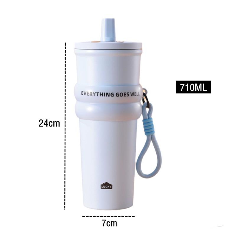 710ml Mode Edelstahl 304 Thermoskanne mit Strohhalm Auslaufsicher Kaffee Tee Kaltgetränk Auto Thermoflasche Reisebecher