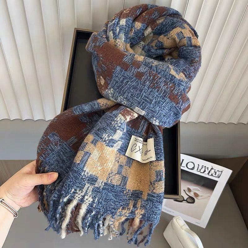 High-End Temperament Atmospheric Blue Plaid Scarf Women's Winter Versatile Thickened Couple Warm Student Neck Warmer
