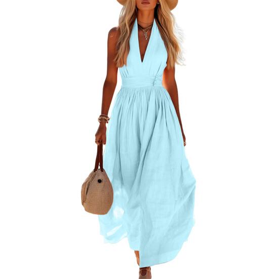 Summer Women Sleeveless Long Dress, Deep V Neck Slim Waist Ruffle Swing Dress, Solid Color Casual Ankle Length Maxi Dress XXL светло-синий