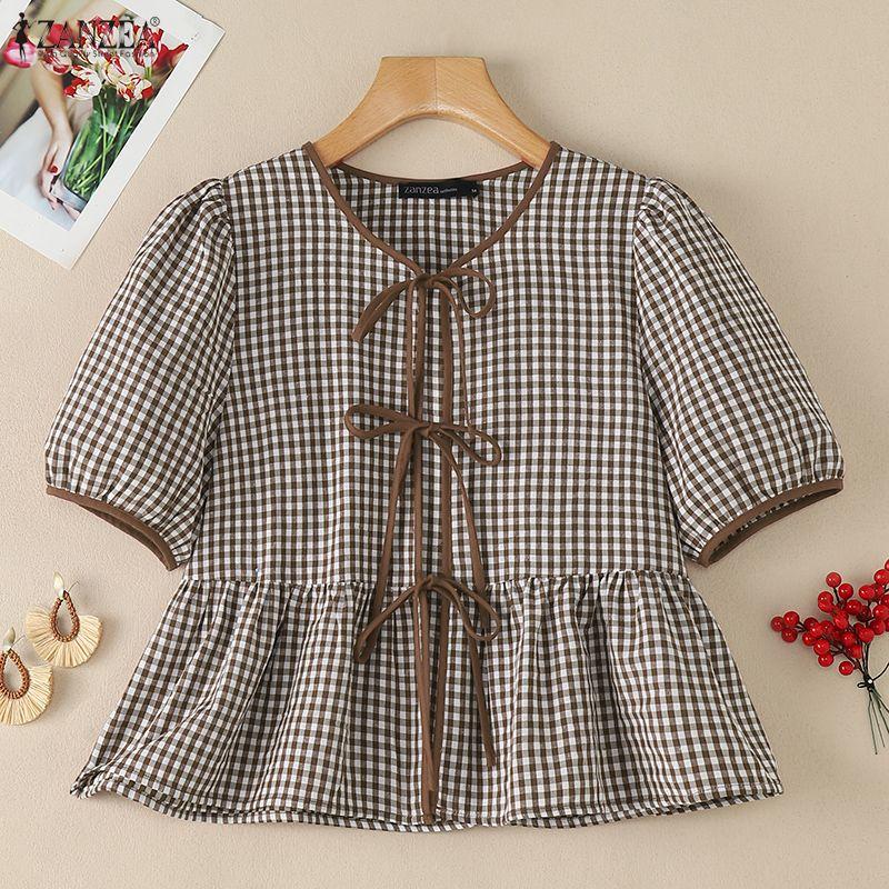 ZANZEA Women Plaid Print Casual Round Neck Short Sleeve Blouse