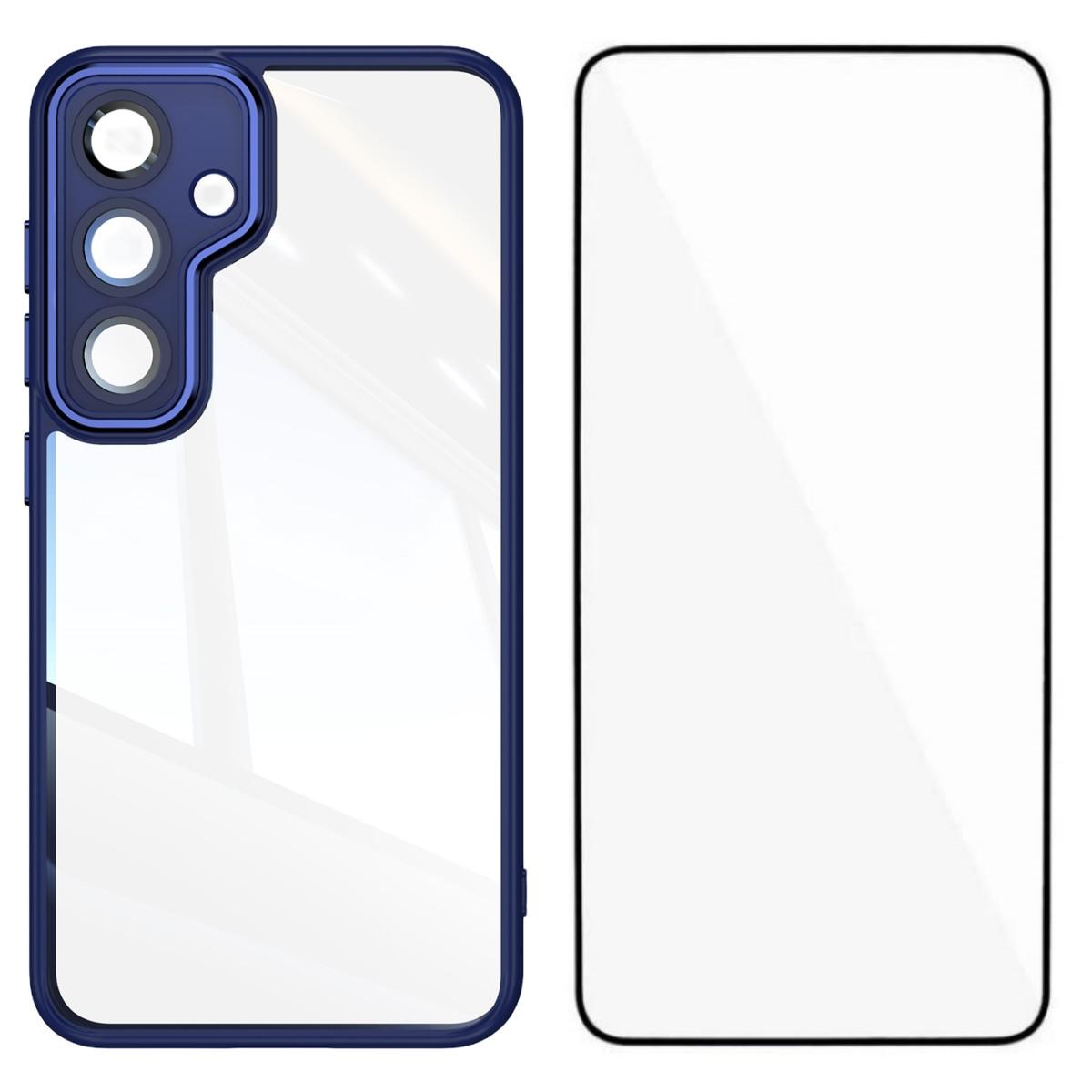 

For Samsung Galaxy S24+ TPU Case WANLONFENG Shockproof Clear Phone Cover with Tempered Glass Film Blue