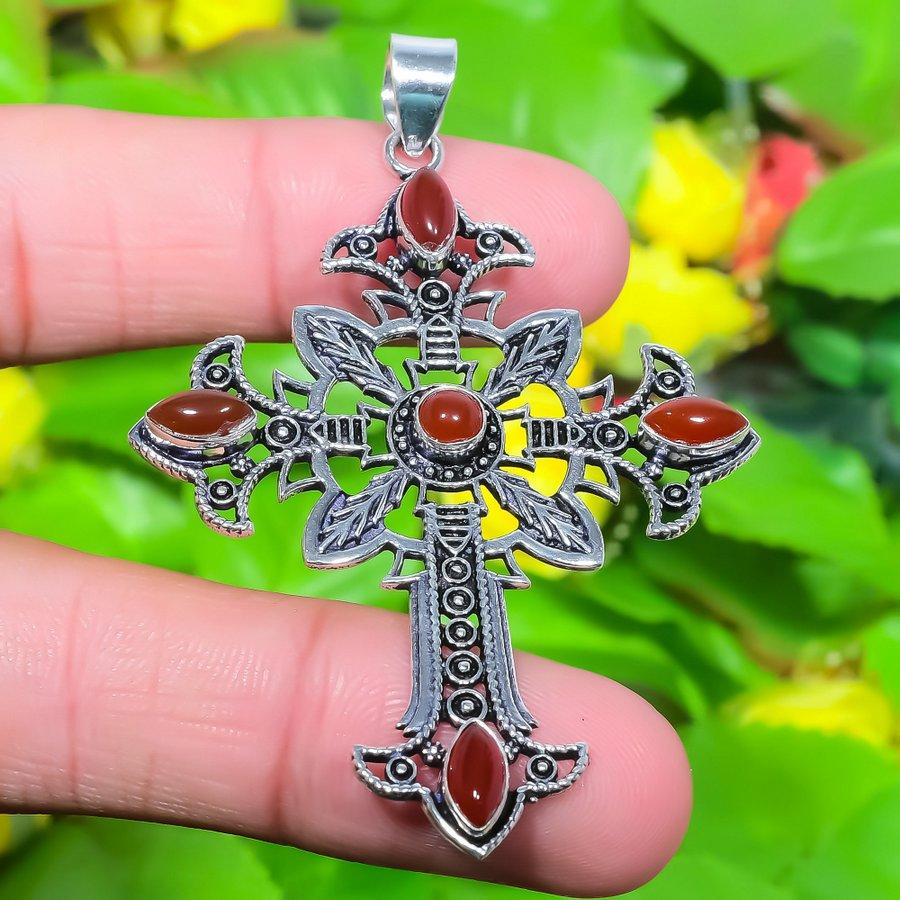 Natural Cross- Red Carnelian Gemstone 925 Sterling Silver Pendant 2.68" r9h88