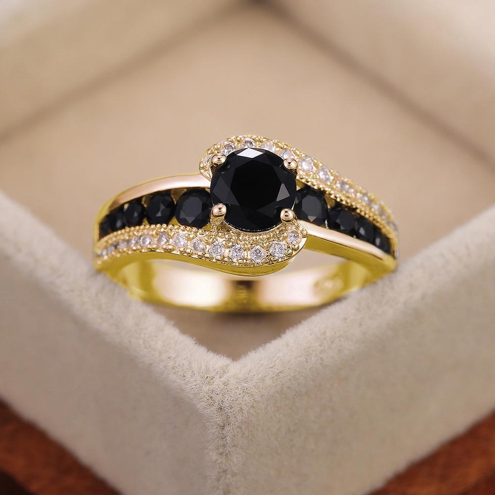 Popular, set with black zircon ring, fashionable OL women's holiday gift jewelry