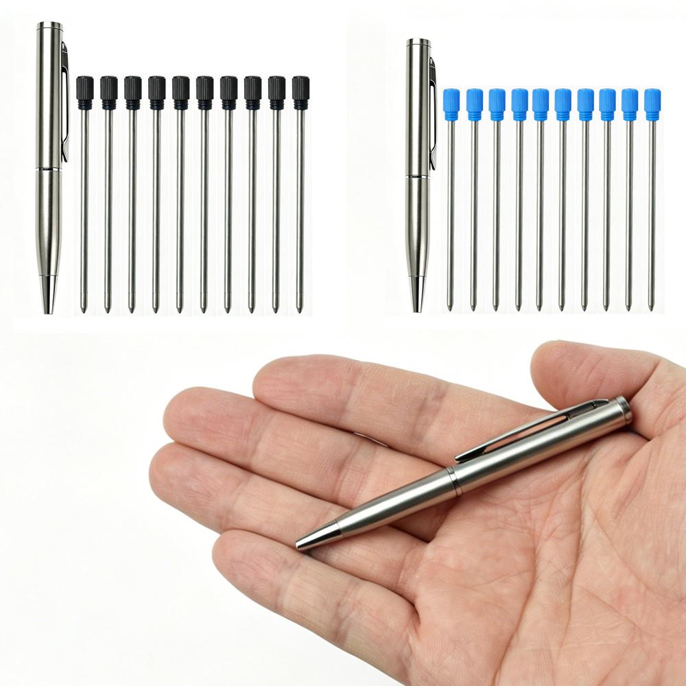 Portable Twist Tiny Ballpoint Pen Set Pocket-Sized Pen + 10 Black/Blue Ink Refills 0.7mm Point Metal Pocket Ballpen Travel Daily