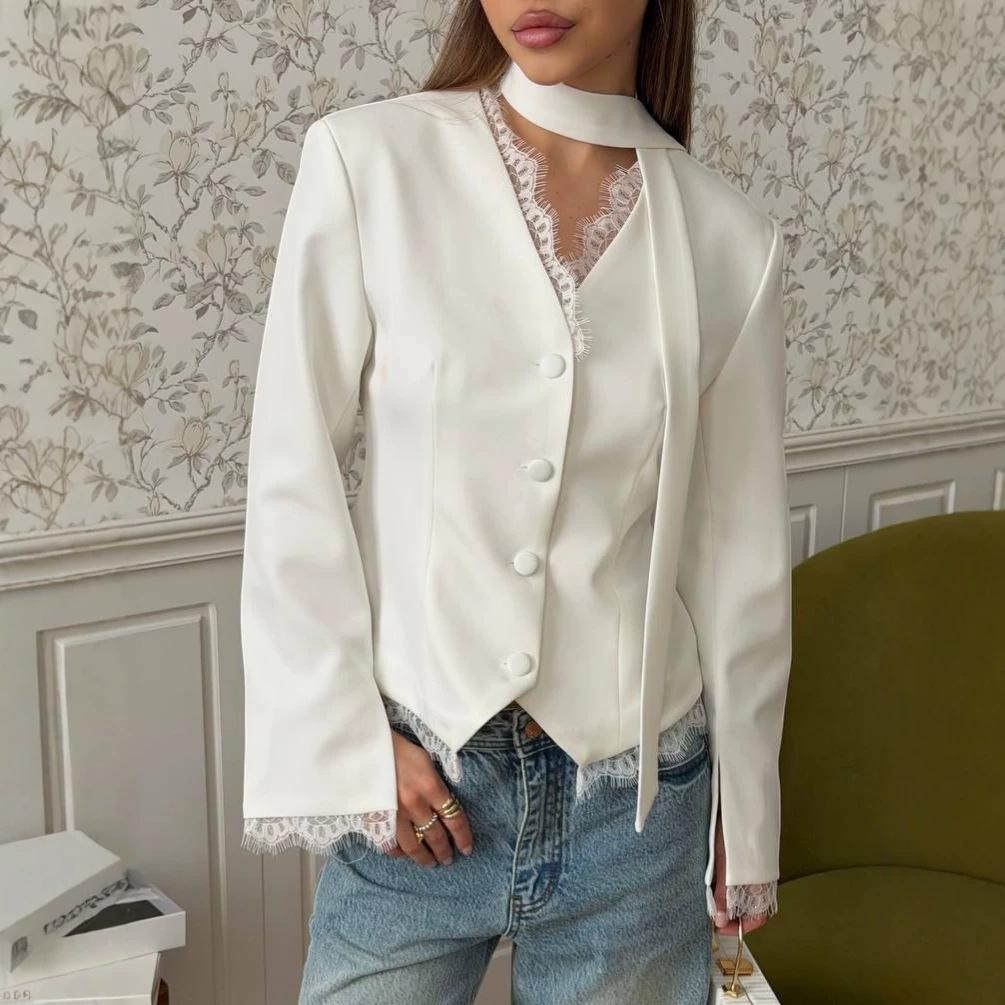 Elegant Lace V Neck Waist Cinched Slim Fit Women Blazer Outerwear