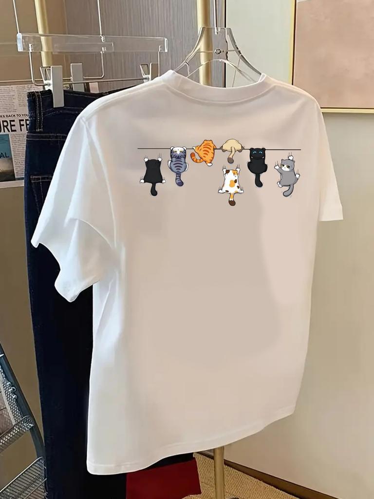 Cartoons Cats Prints T-Shirts Summer Womens Cotton T Shirts Basic O-Neck Oversized Short Sleeve Tops Casual Street Woman Clothes