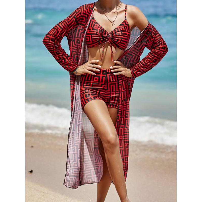 Women's Geometric Print Drawstring Bikini Set with Sheer Cover Up 3 Piece Swimwear