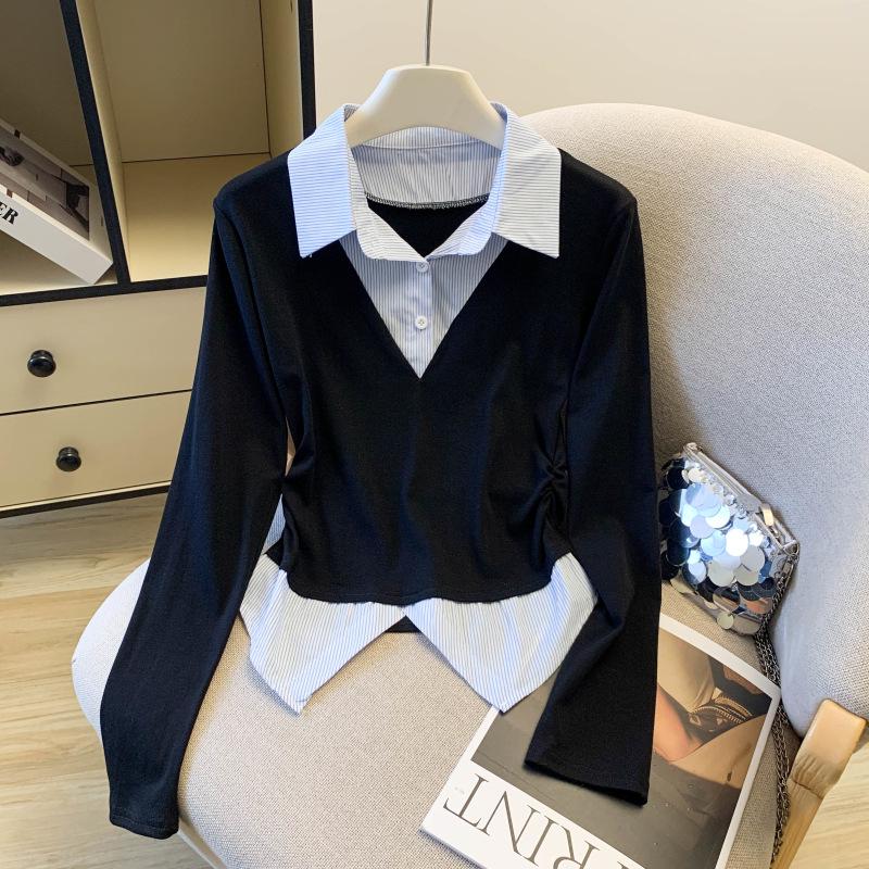 

2026 Korean Style Patchwork Lapel Long Sleeve T-shirt for Women Small сірий колір