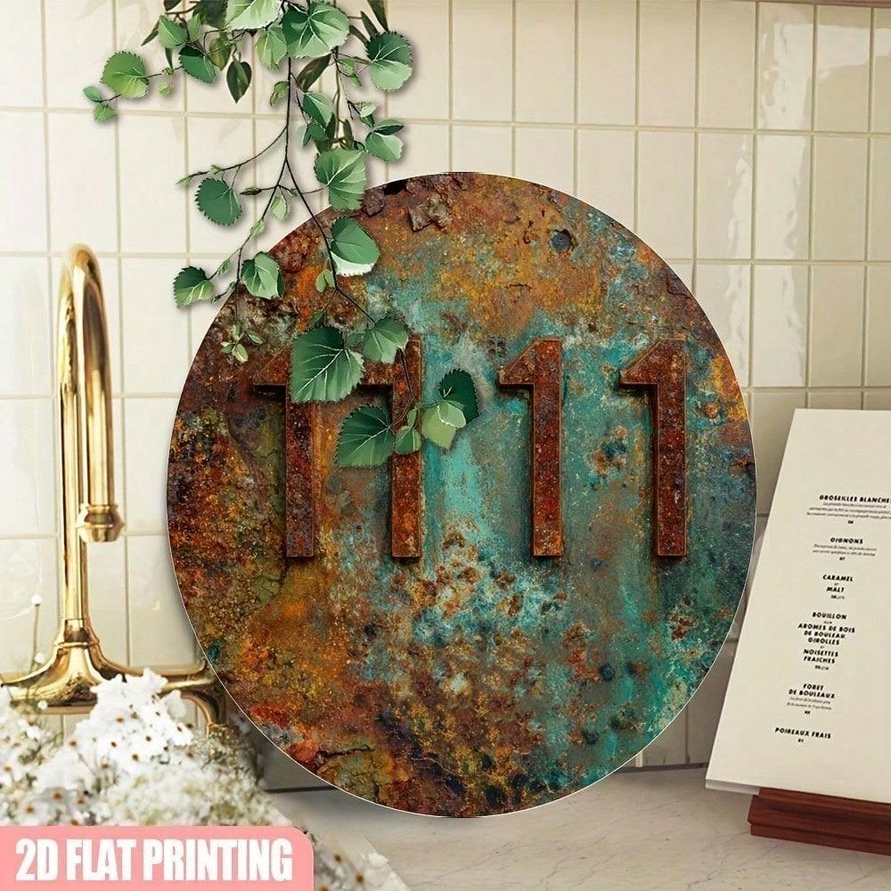 Vintage Industrial Aluminum Wall Art Decor 8x8 Inch Round Hanging Sign Rustic Teal Brown Metallic Finish for Home Office