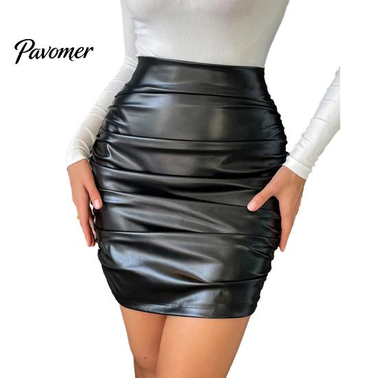 Reißverschluss Rock Damen Etuikleid Kunstleder Hoher Bund Falten Einfarbig Dame Glatt Atmungsaktiv Clubwear Enganliegend Skinny Party Mini Club L schwarz