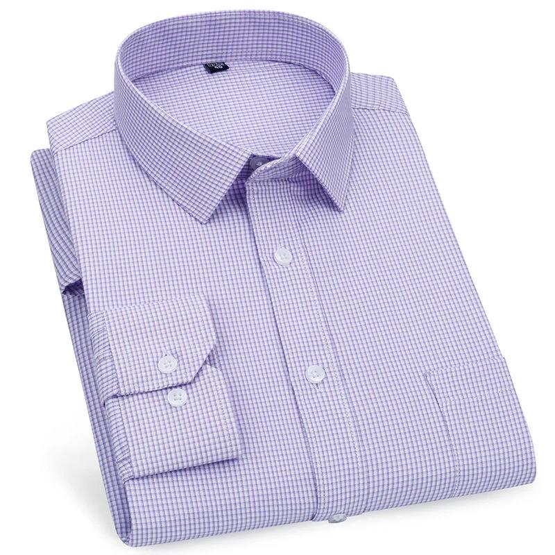 Men's Business Casual Shirts Purple Blue Cotton Regular Fit Long Sleeve Classic Plaid Striped Checked Social Work Dress Shirts