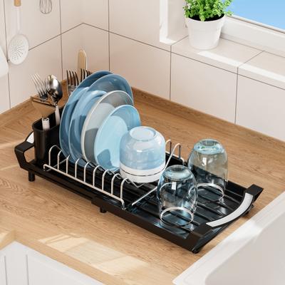 Dish Drying Rack with Cutlery Holder Large Capacity Strong Load-bearing Countertop Extendable Dish Rack with Drain Board