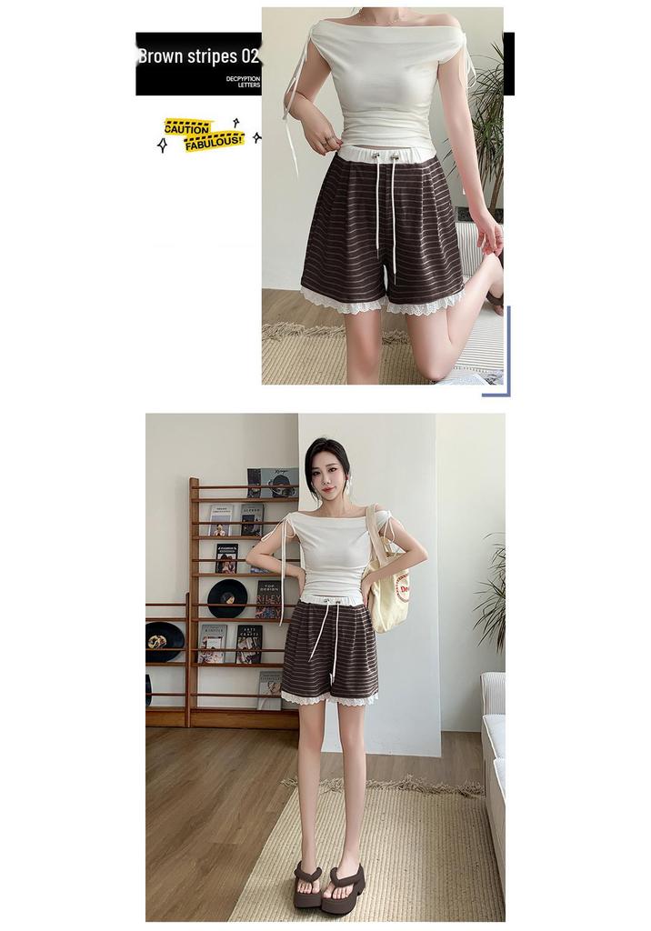 2026 New Style Striped Maternity Shorts with Lace Trim for Petite Women – Casual Wide-Leg Summer Pants Without Belly Support