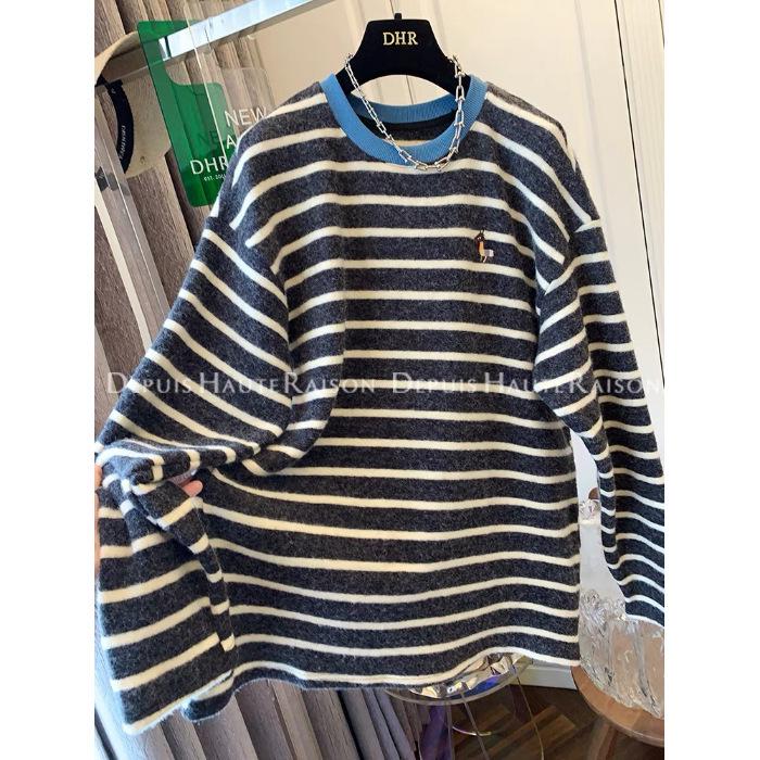 

Plus Size Embroidered Stripe Long-Sleeve Shirt for Women - Soft Spring/Autumn Top 4XL (up to 240 jin)