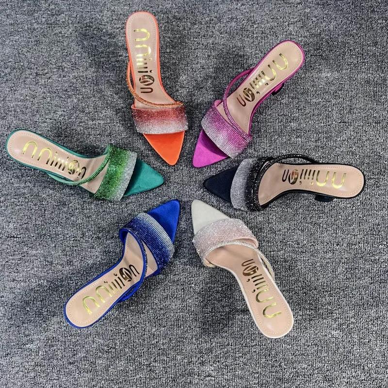 High Heels Strass-Slipper für spitze Zehen Sexy Kristall-Slipper Damen Luxus-Designer Partykleid Sandalen Zapatillas Mujer