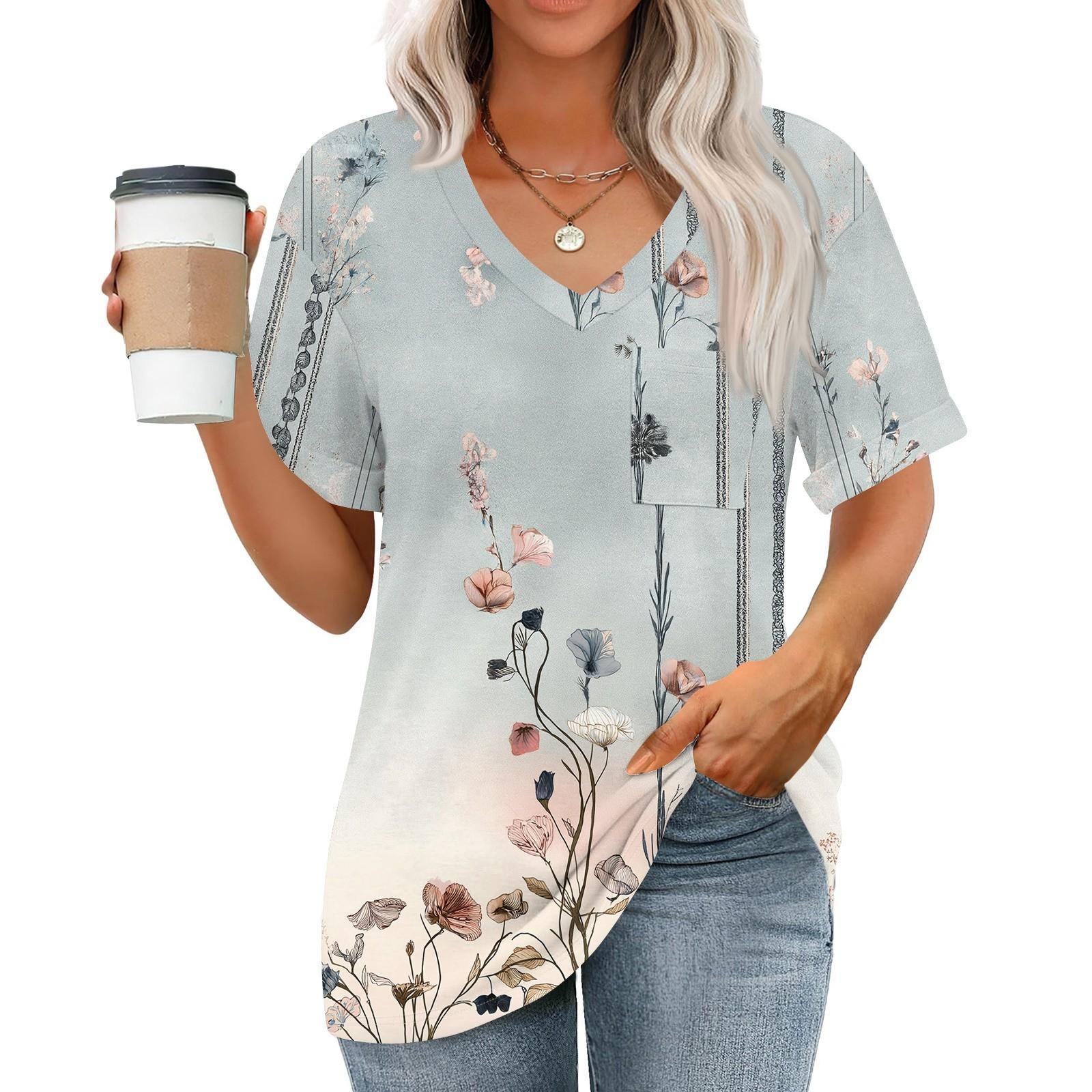 

Жіночі топи з V-подібним вирізом і короткими рукавами, повсякденні модні туніки з принтом і кишенями XXL