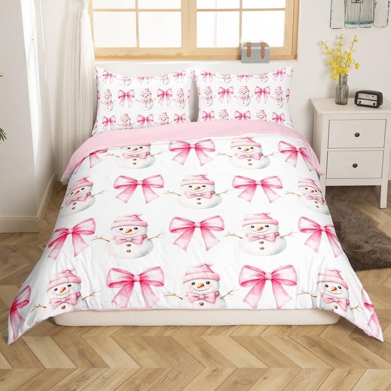 Cartoon pink bow princess bedding set, girls' bedroom decoration pink and white duvet cover, 2 pillowcases