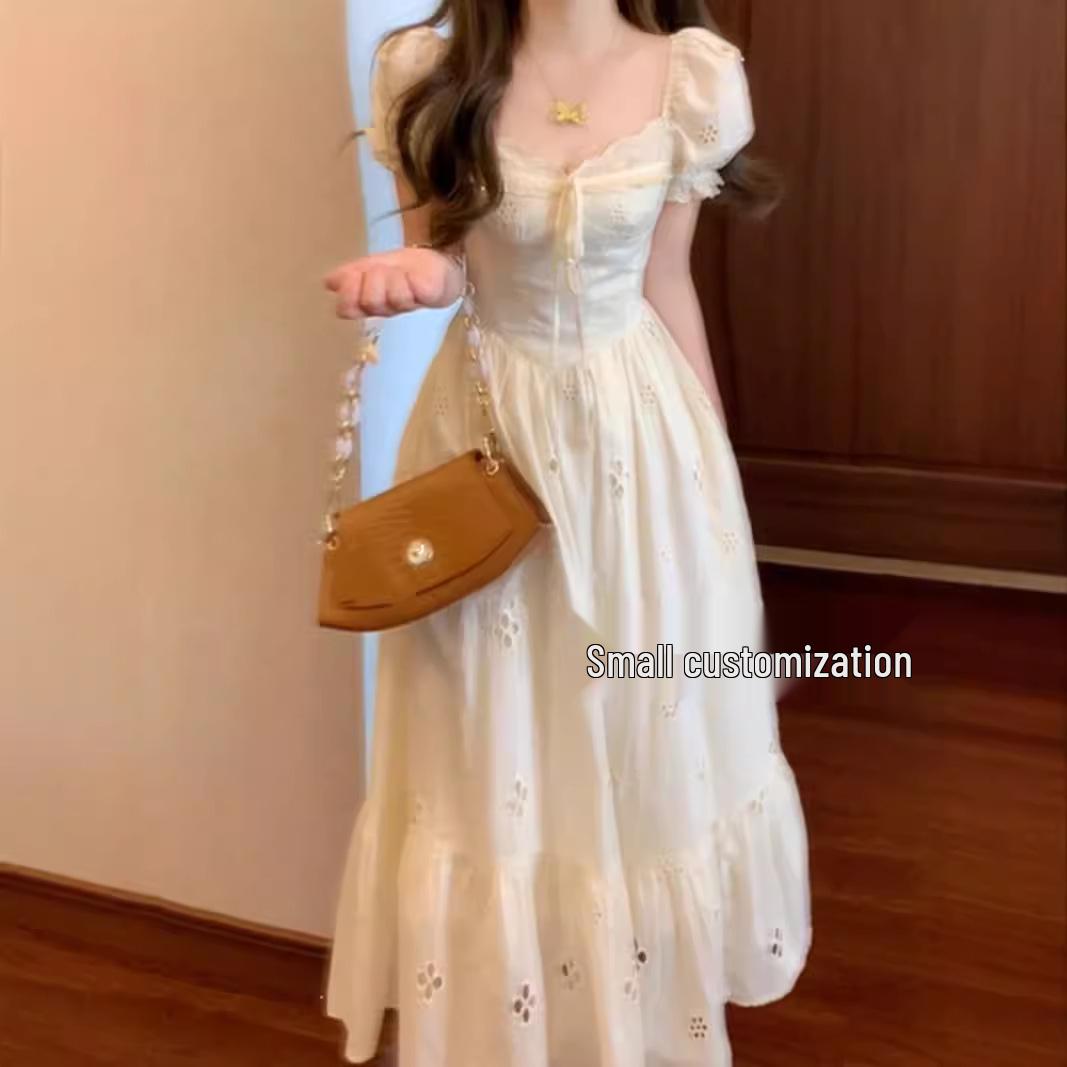 

Petite French Puff Sleeve Square Neck Summer A-Line Dress - Women’s Waist-Hugging, Mid-Length Style XS for 65-88 pounds