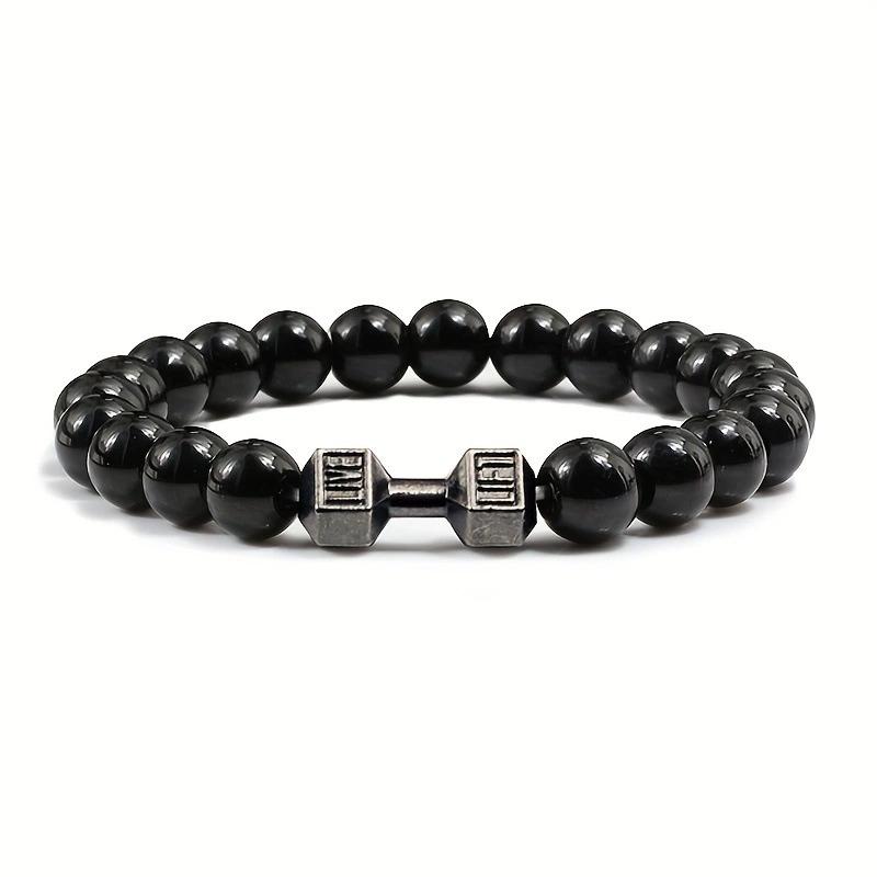 Hot Selling Vintage Men's Bangle Natural Stone Bead Dumbbell Pendant Elastic Strand Bracelet for Friend's Gift