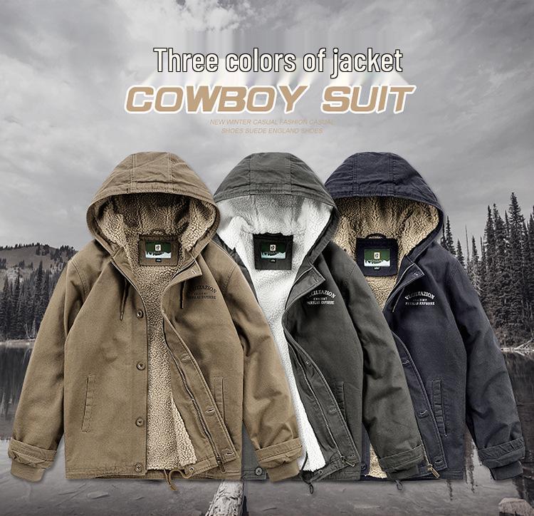 Men's Hooded Winter Cotton Jacket with Lambswool Lining - Warm & Thickened 1883
