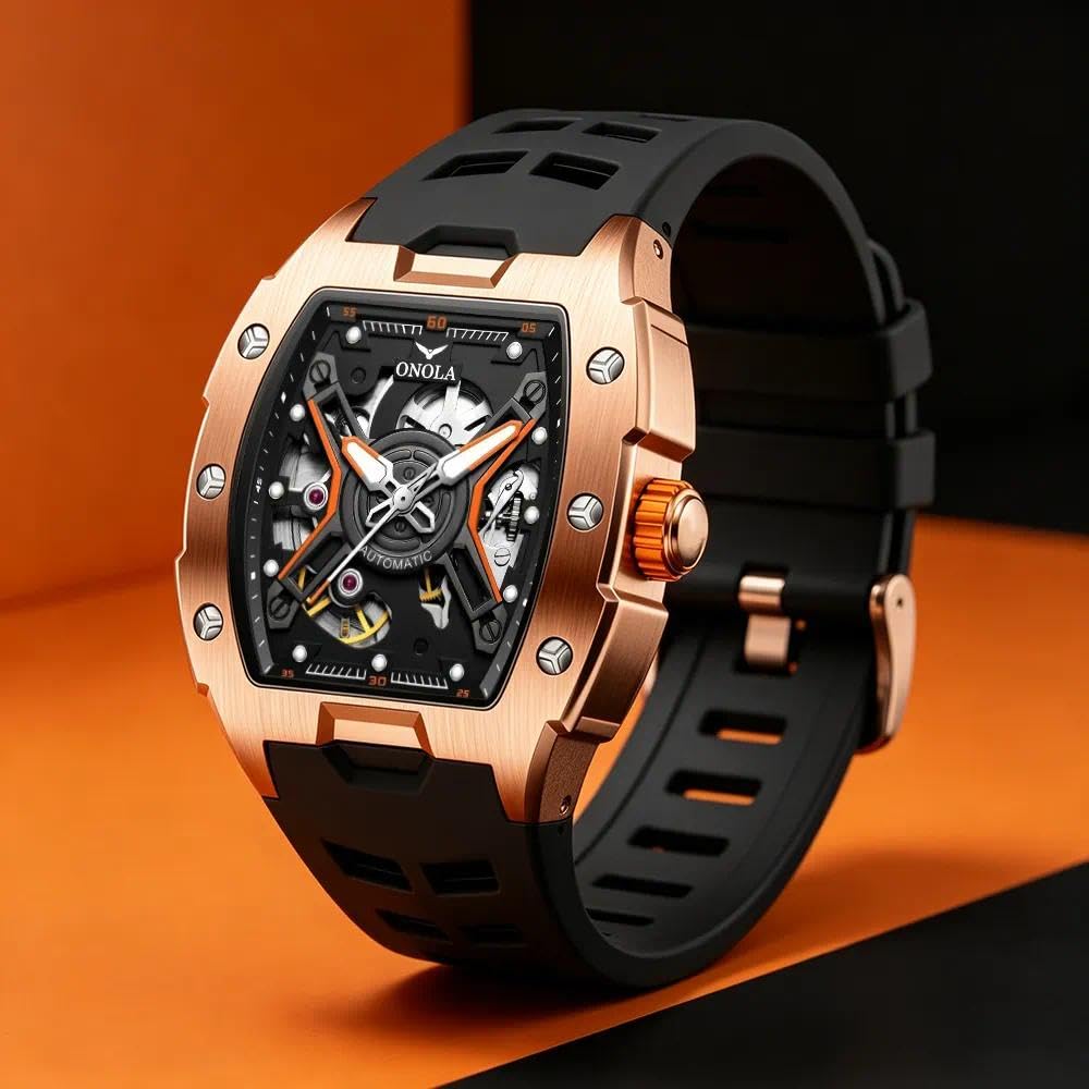 Luminous Skeleton Self Winding Mechanical Watches for Men Tonneau Shape Waterproof Sports Watch Rubber Strap