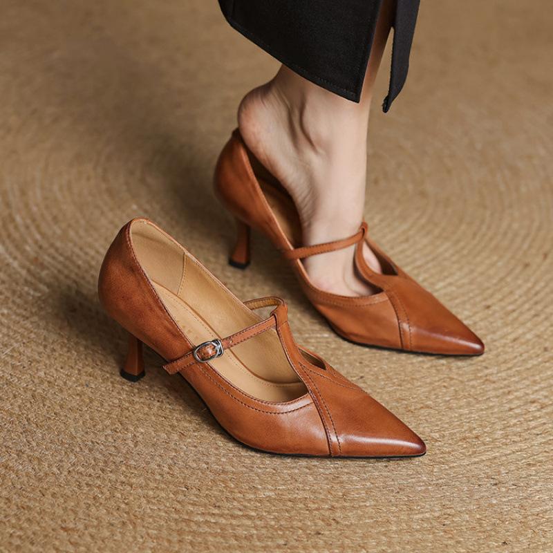 New women's fashion single shoes pointed four-season single shoes buckle solid color leather fine heel comfortable large size shoes beef tendon sole