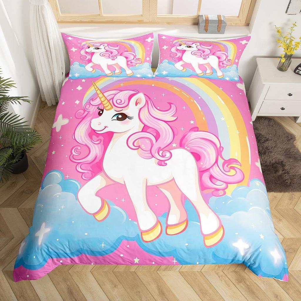 Dreamy Unicorn Duvet Cover Set Queen Size3 Pcs Rainbow Starry Sky Bedding Sets Pink Blue Unicorn Comforter Cover Set For Kids